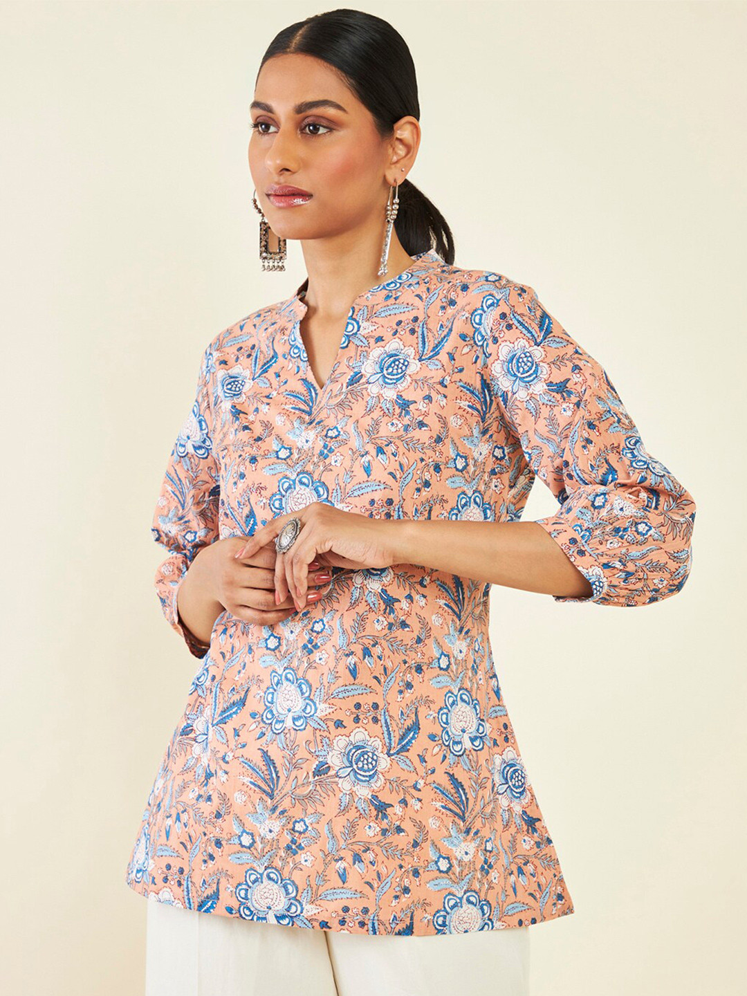 

Soch Floral Printed Band Collar Cotton Tunic, Peach