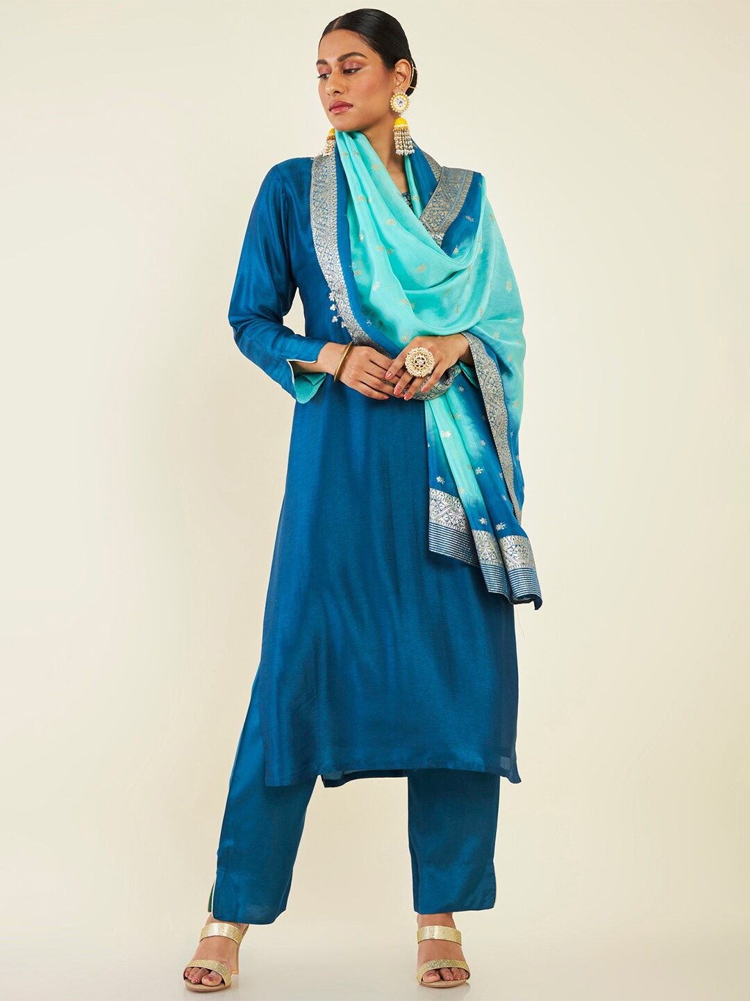 

Soch Embroidered Sequinned Pure Silk Unstitched Dress Material, Blue