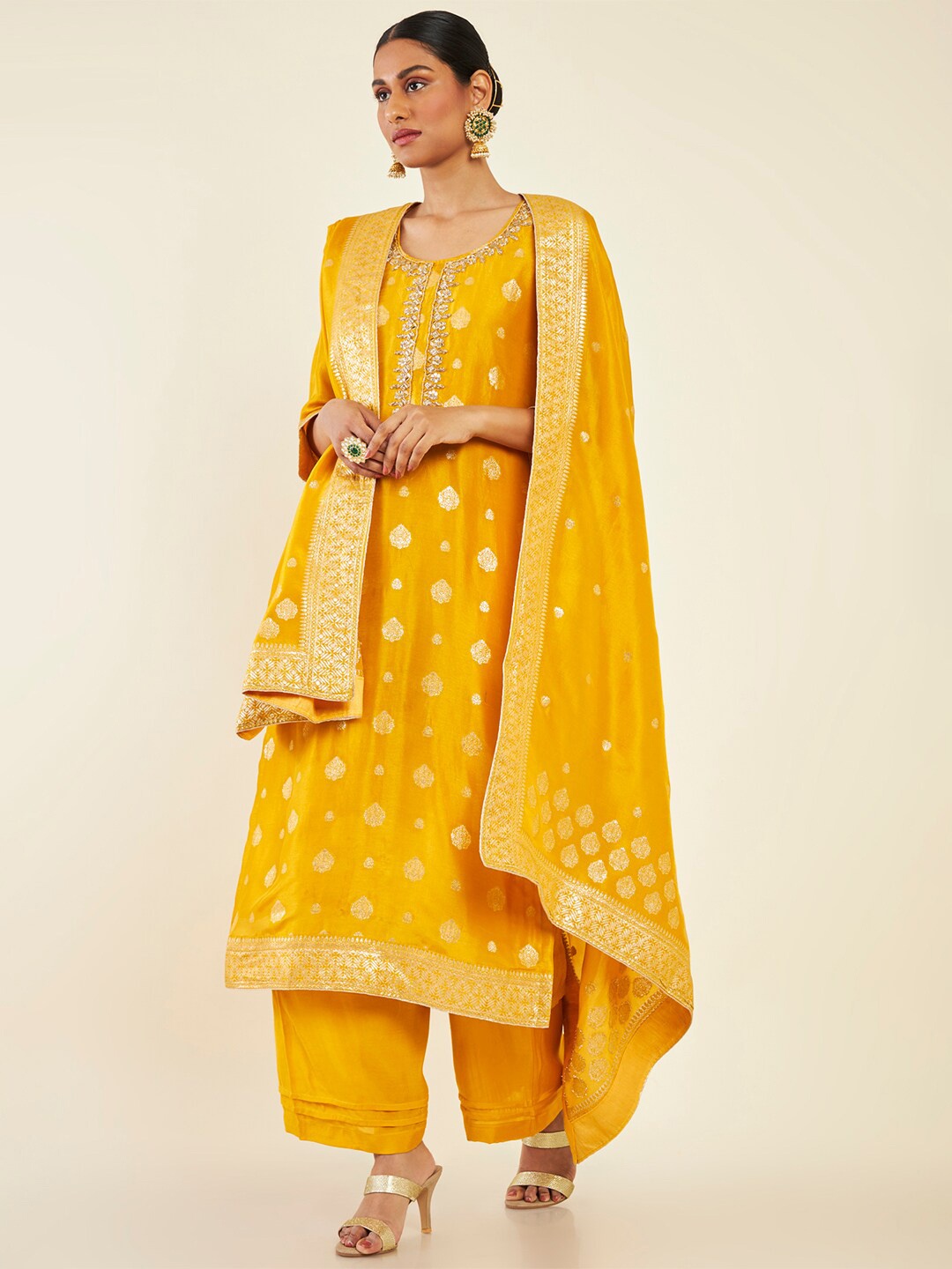 

Soch Ethnic Motifs Woven Design Zardozi Pure Silk Unstitched Dress Material, Mustard