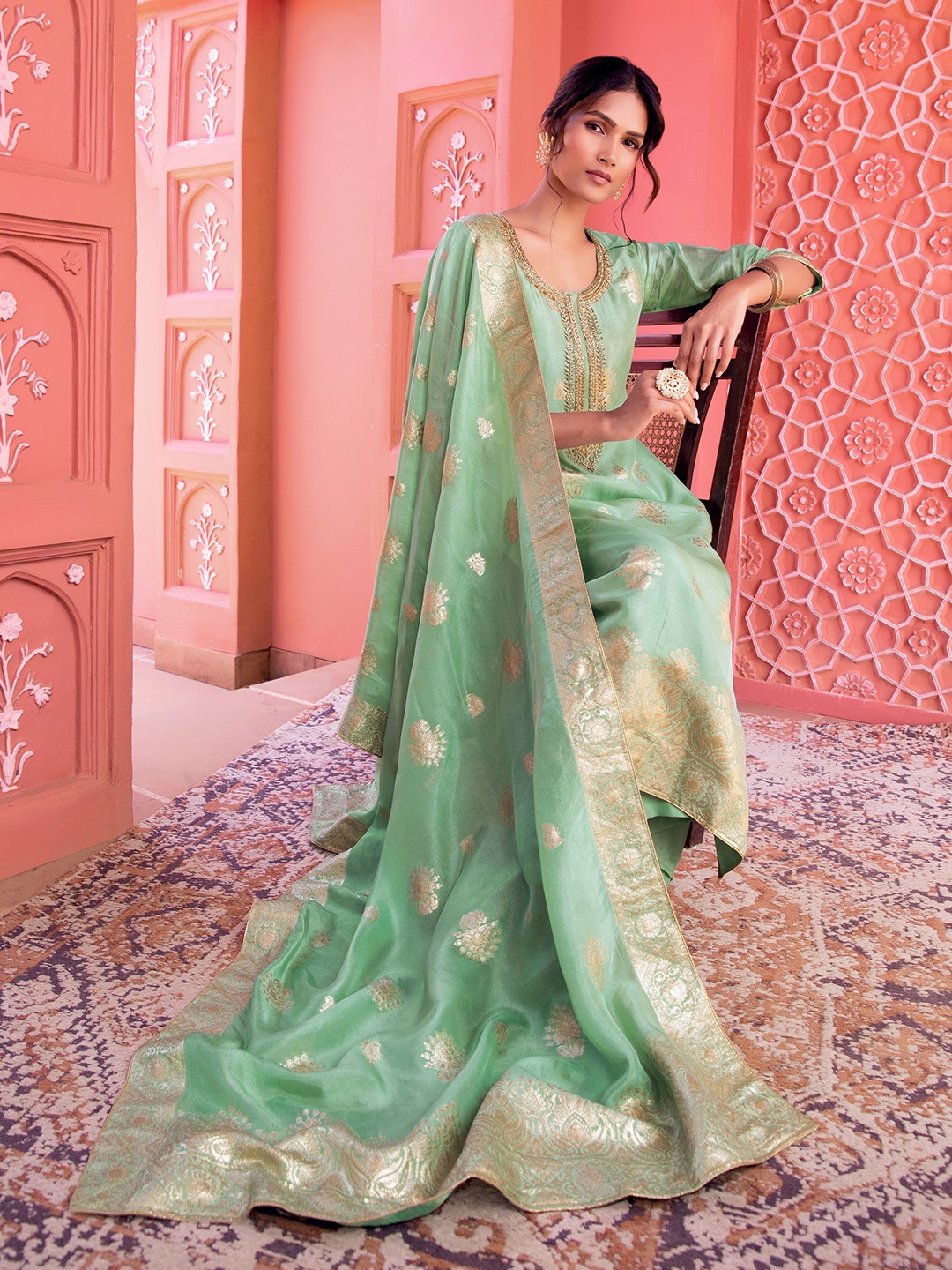 

Soch Ethnic Motifs Woven Design Zardozi Pure Silk Unstitched Dress Material, Sea green