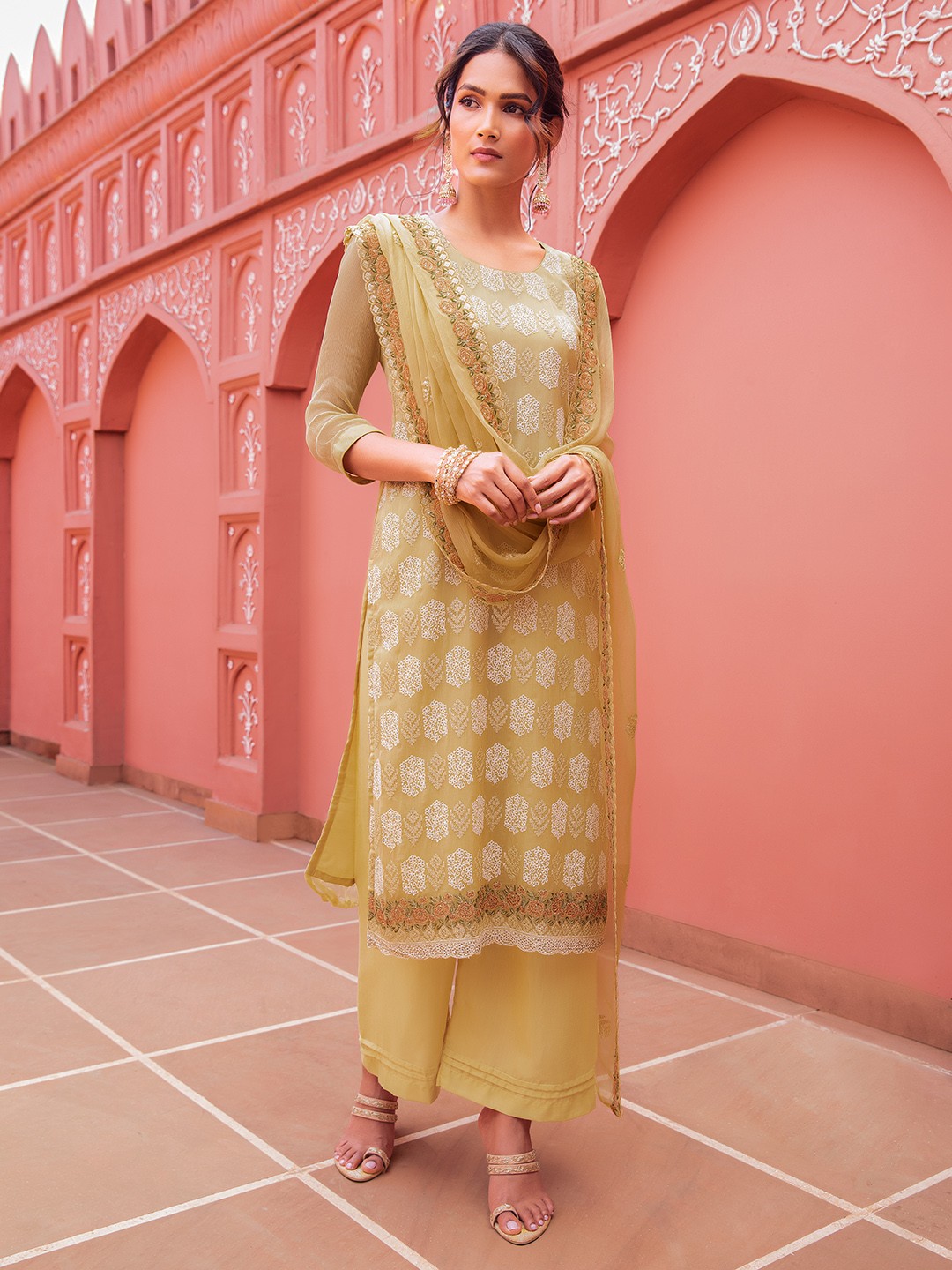 

Soch Embroidered Floral Sequinned Unstitched Dress Material, Yellow