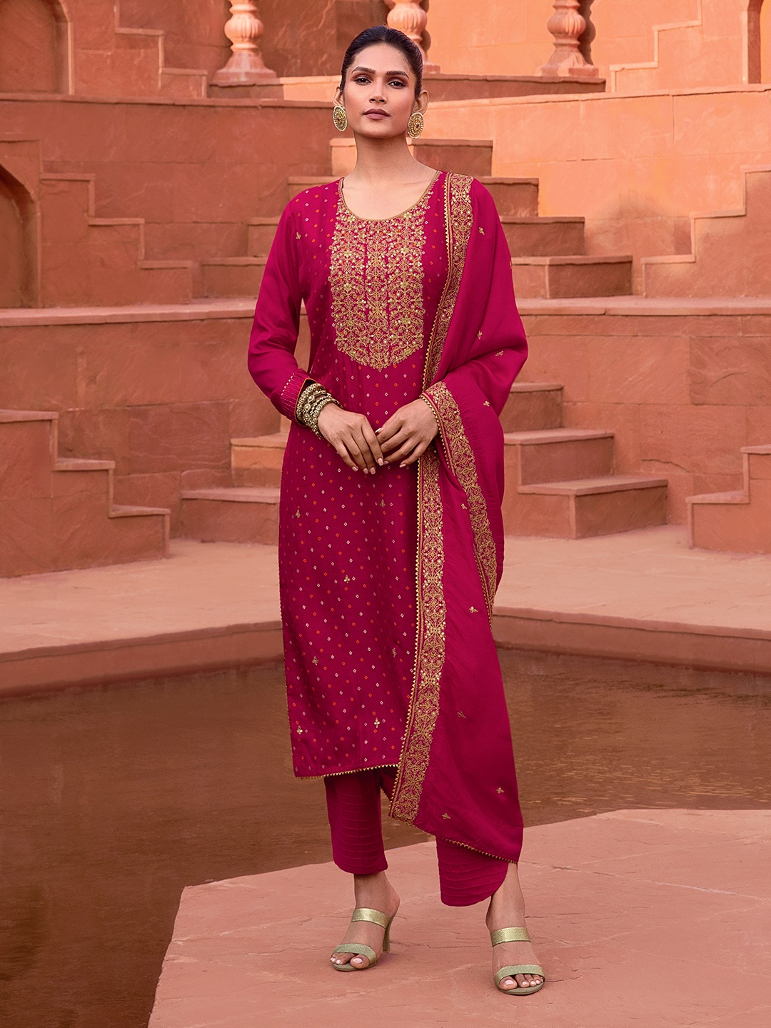 

Soch Printed Sequinned Pure Silk Unstitched Dress Material, Fuchsia
