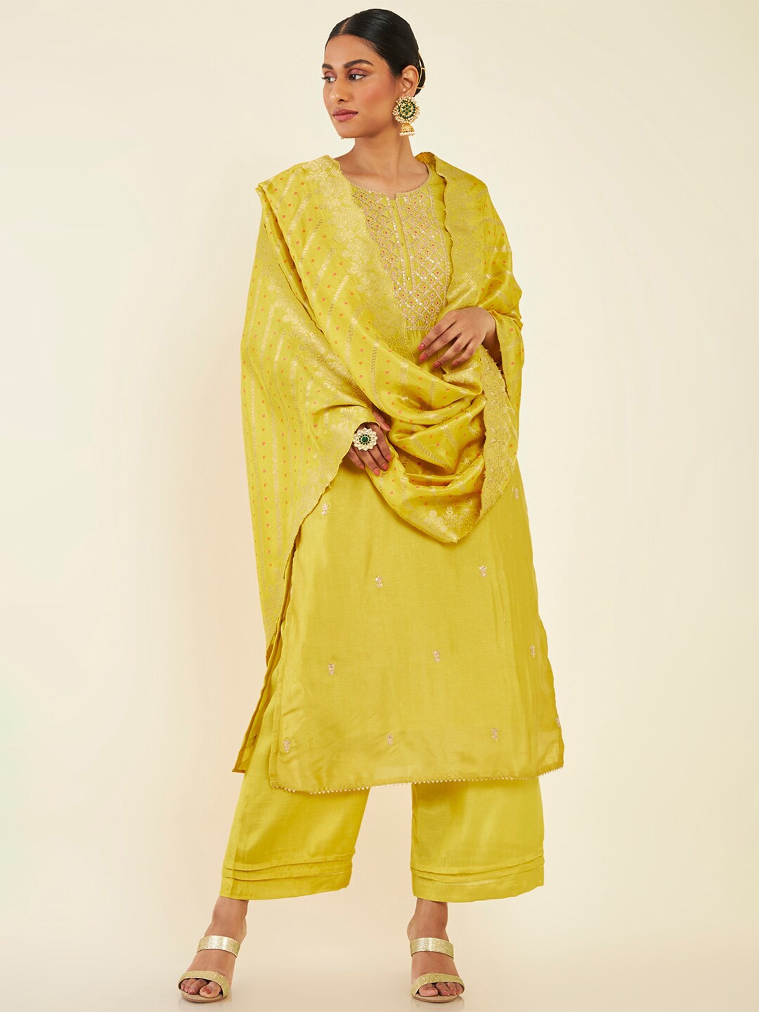 

Soch Embroidered Sequinned Pure Silk Unstitched Dress Material, Lime green