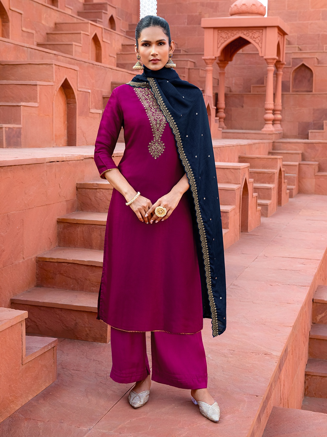 

Soch Embroidered Sequinned Pure Silk Unstitched Dress Material, Magenta