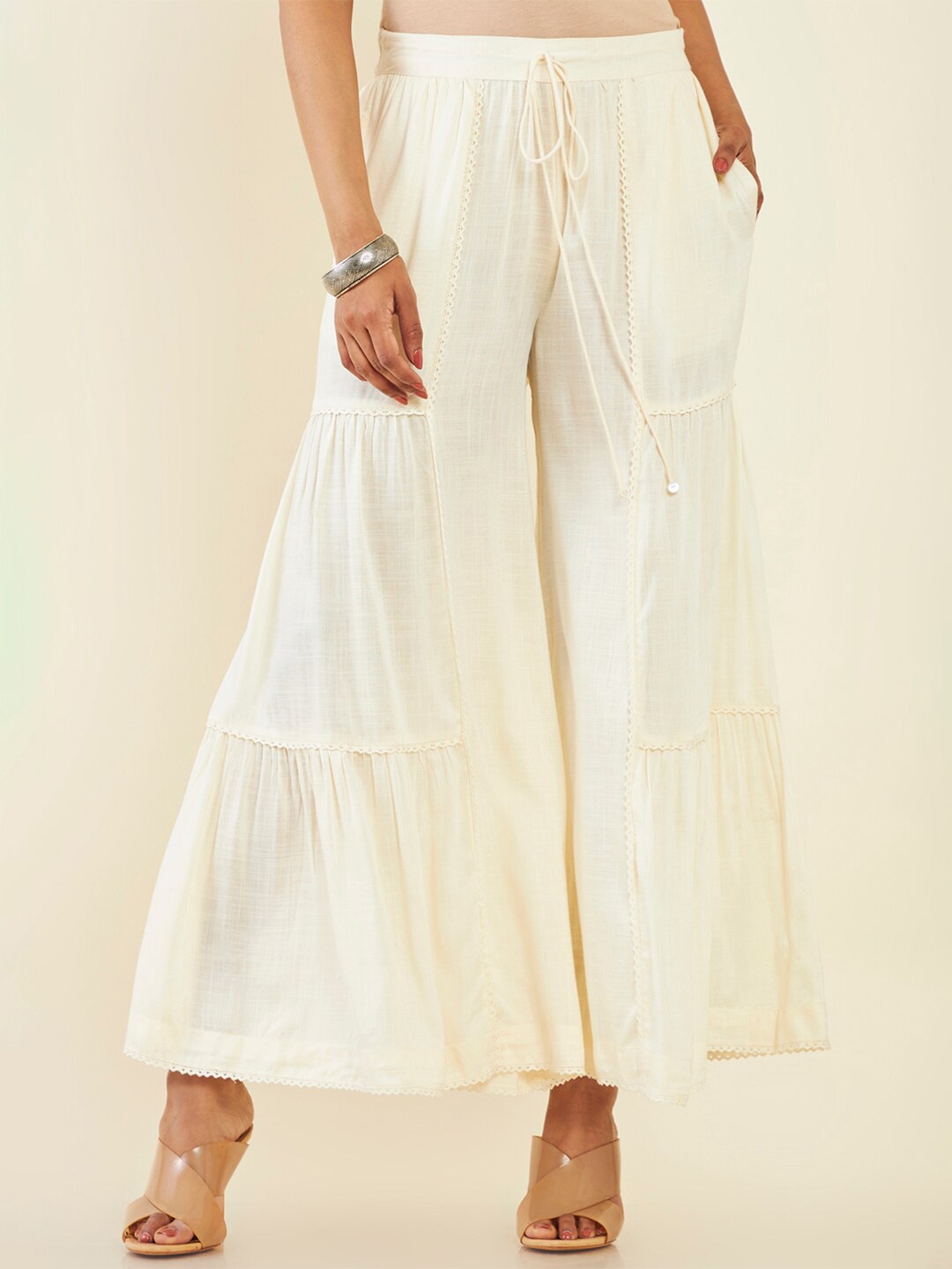 

Soch Women Flared Knitted Tiered Palazzos, Off white