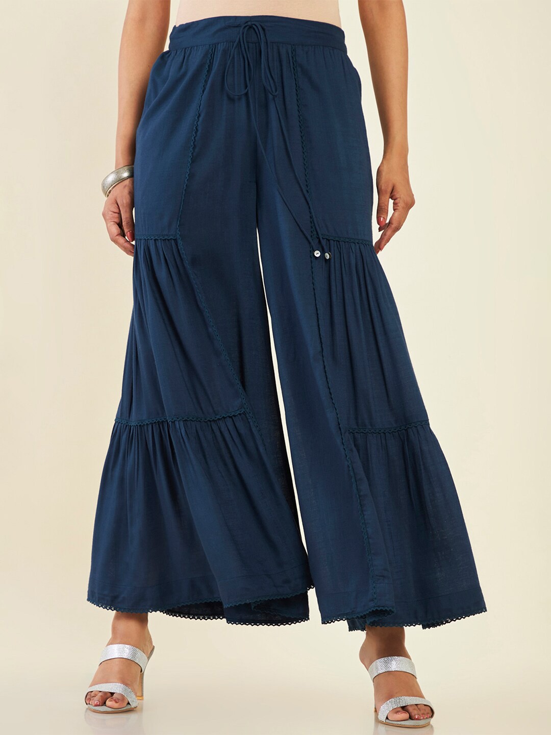 

Soch Women Flared Knitted Tiered Palazzos, Navy blue