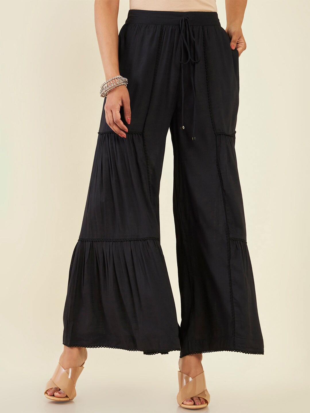 

Soch Women Flared Knitted Tiered Palazzos, Black
