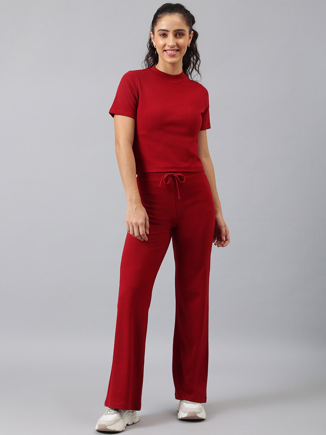 

FEMEA Women Ribbed T-shirt with Trousers Co-Ords Set, Maroon