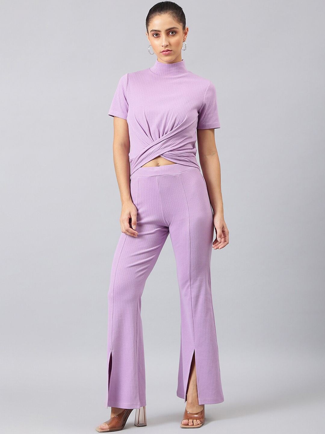 

FEMEA Women Ribbed T-shirt with Trousers Co-Ords Set, Purple