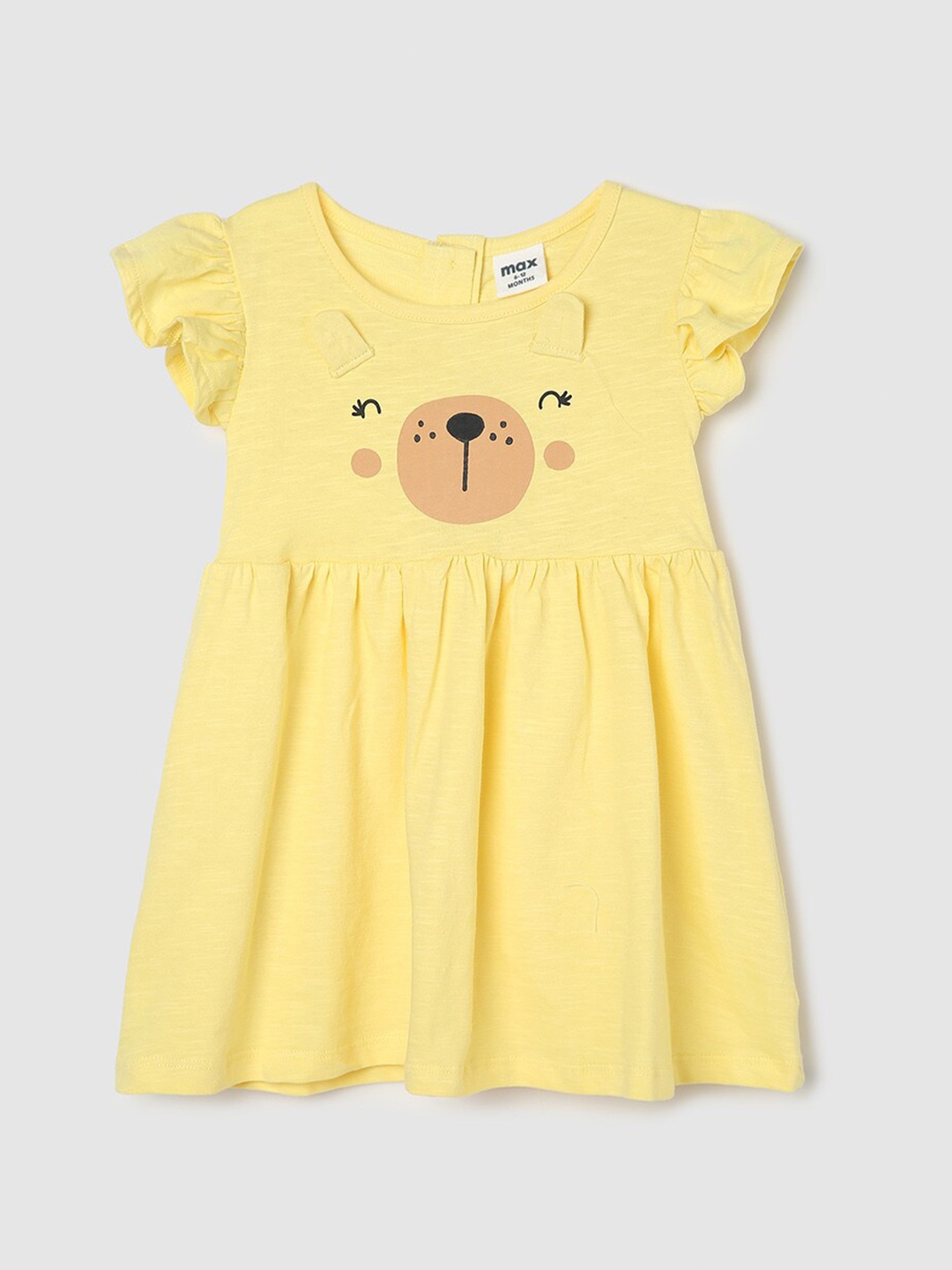 

max Girls Bear Print Round Neck Flutter Sleeve Dress, Yellow
