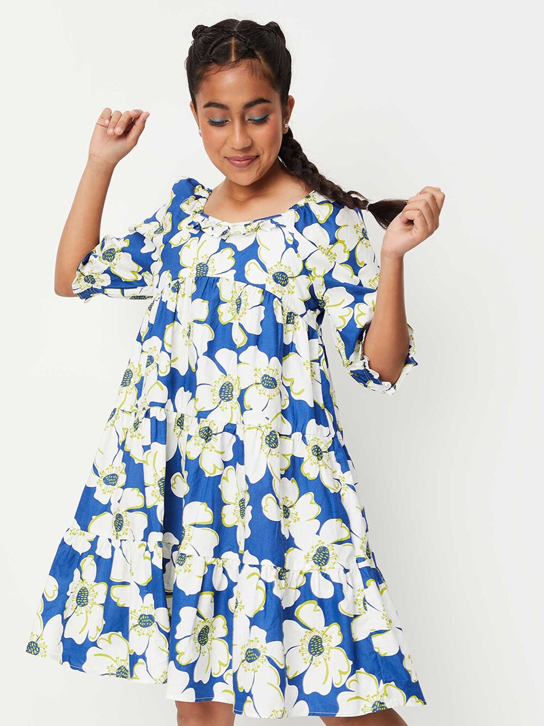 

max Girls Floral Printed Pleated Pure Cotton Empire Dress, Blue