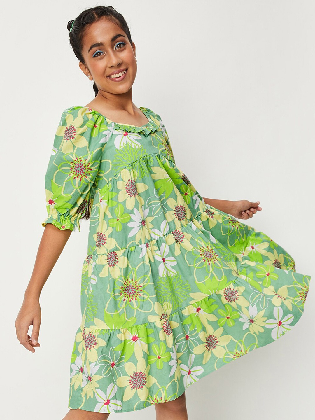 

max Sweetheart Neck Puff Sleeve Floral Dress, Green