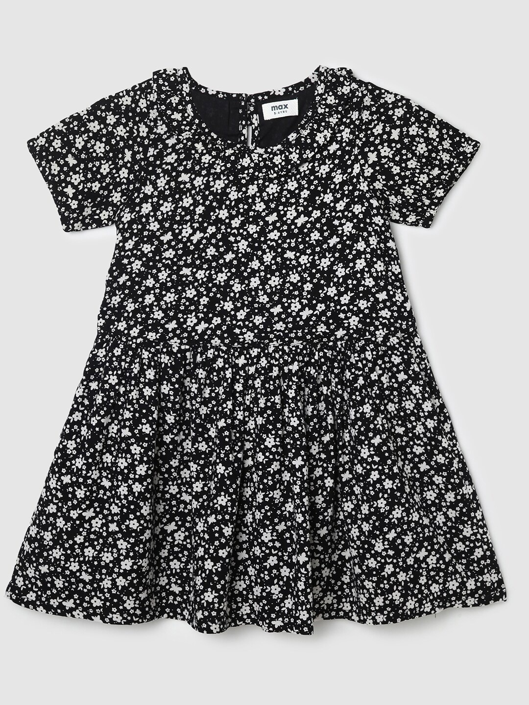 

max Girls Round Neck Floral Printed A-Line Dress, Black