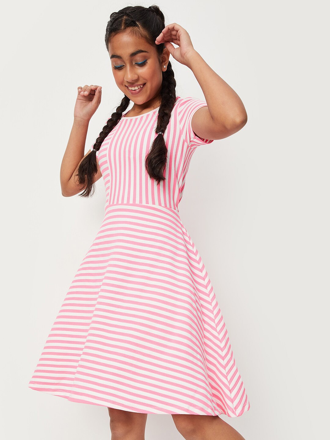 

max Girls Striped Round Neck Fit & Flare Dress, Pink