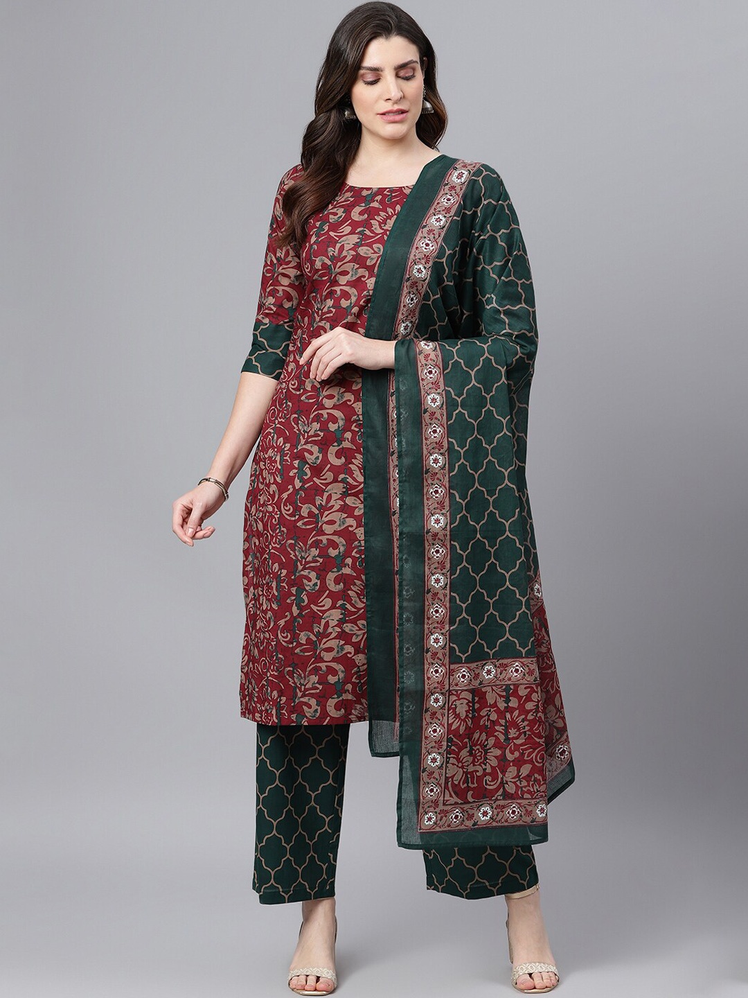 

Idalia Floral Printed Straight Pure Cotton Kurta With Trousers & Dupatta, Maroon