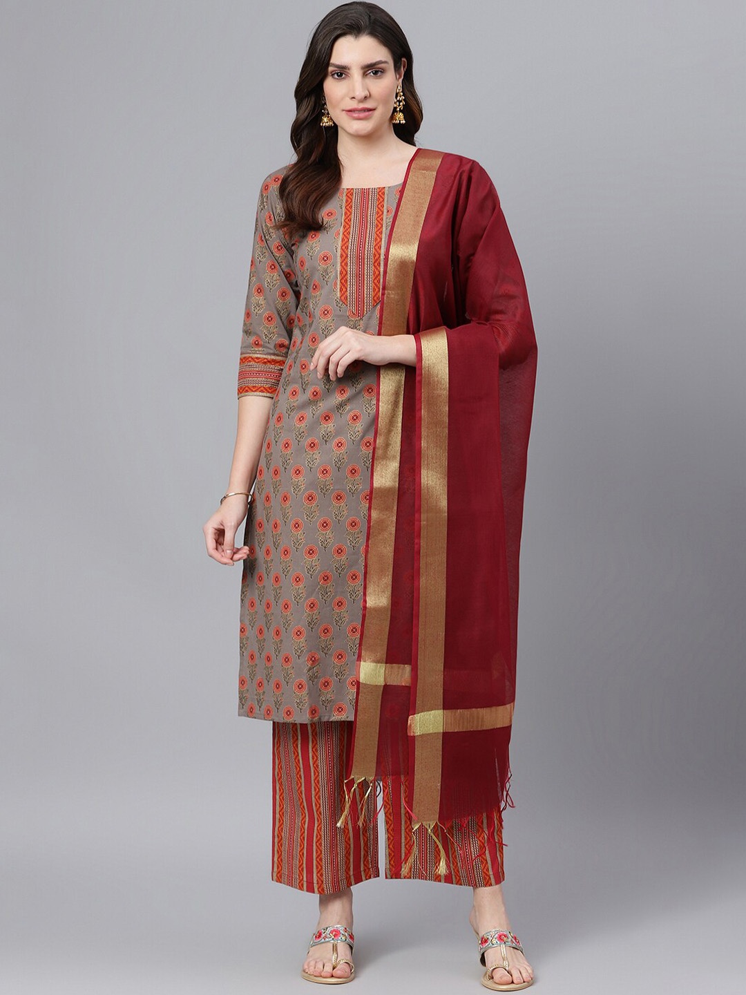 

Idalia Floral Printed Pure Cotton Kurta With Palazzos & Dupatta, Grey