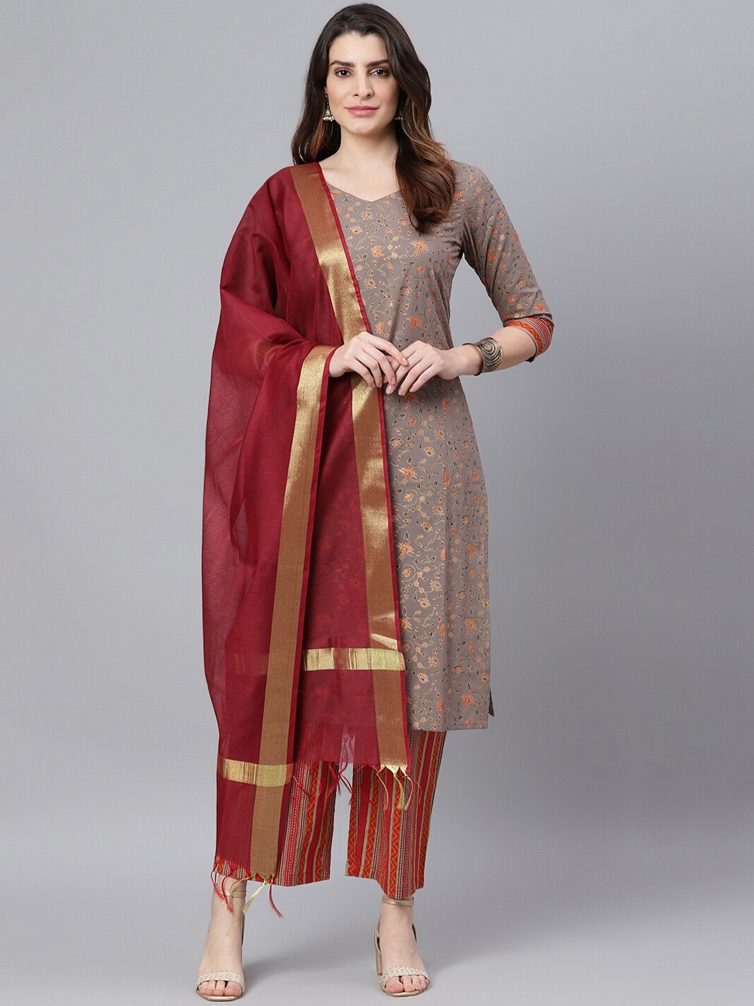 

Idalia Floral Printed Pure Cotton Kurta With Plazzos & Dupatta, Grey
