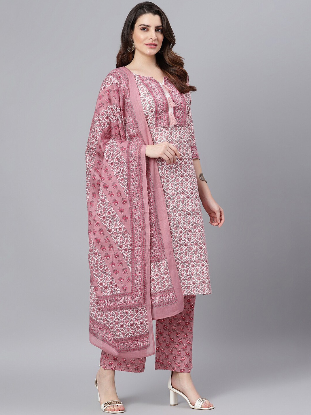

Idalia Floral Printed Pure Cotton Straight Kurta With Trousers & Dupatta, Pink