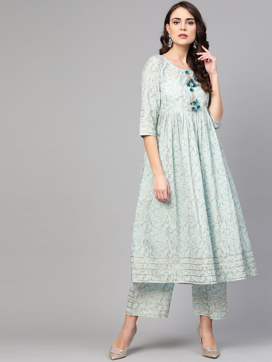 

Idalia Paisley Printed Anarkali Pure Cotton Kurta With Palazzos, Sea green