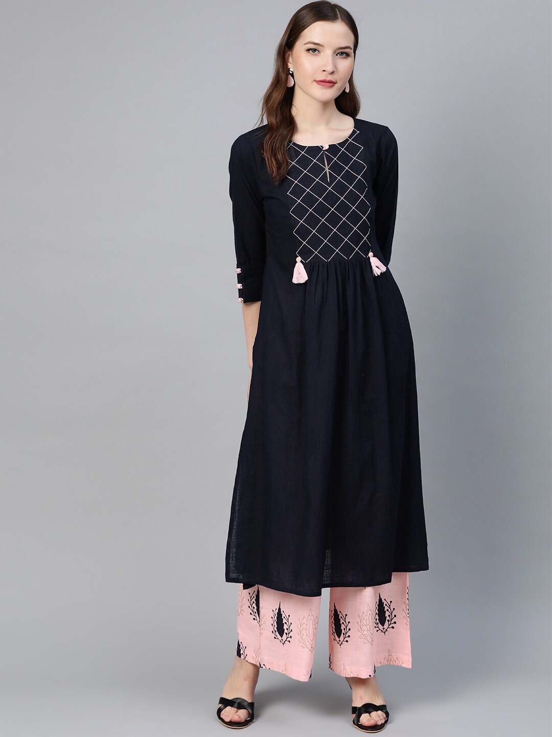 

Idalia Pleated A-Line Thread Work Pure Cotton Kurta With Palazzos, Navy blue