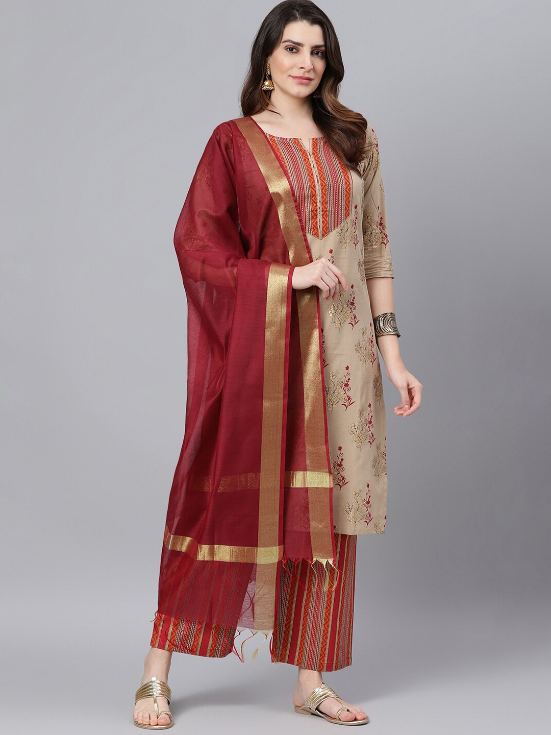 

Idalia Floral Printed Notched Neck Kurta with Palazzos, Brown