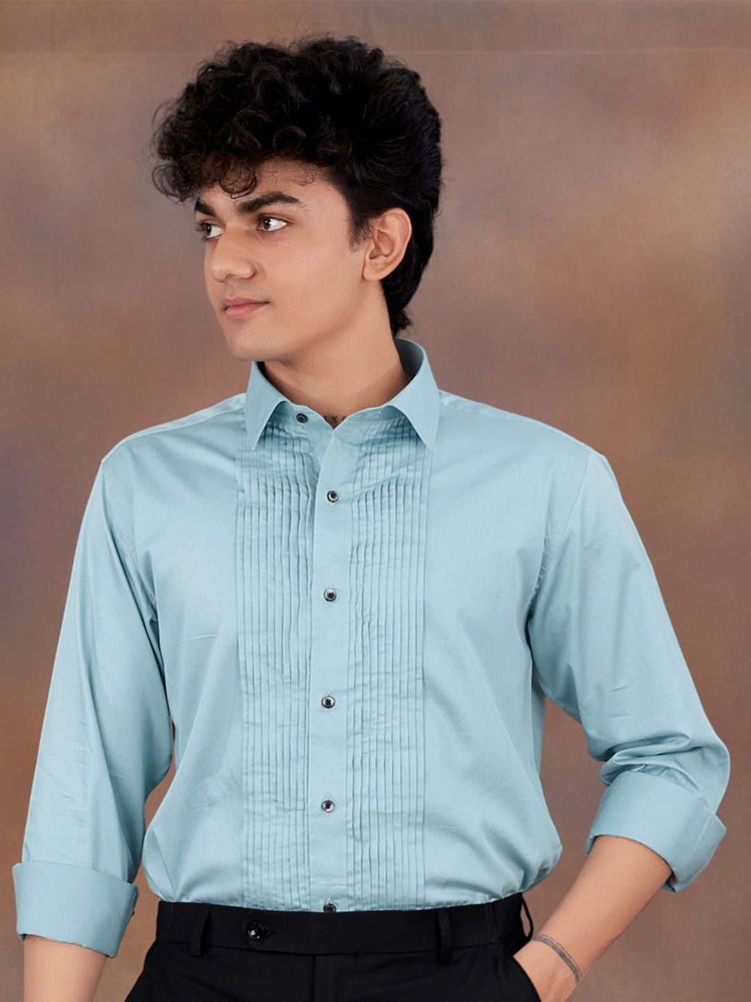 

FRENCH CROWN Twill Spread Collar Pleated Twill Pure Cotton Casual Shirt, Blue