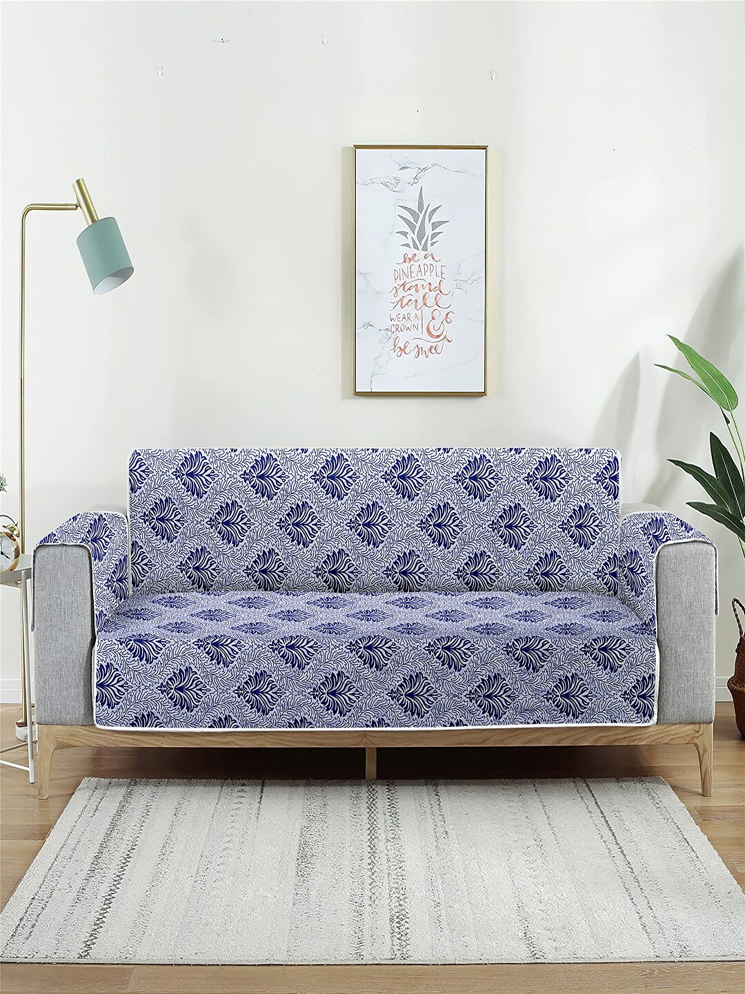 

Cortina Navy-Blue & Yellow Printed 2-Seater Reversible Sofa Cover With Arms