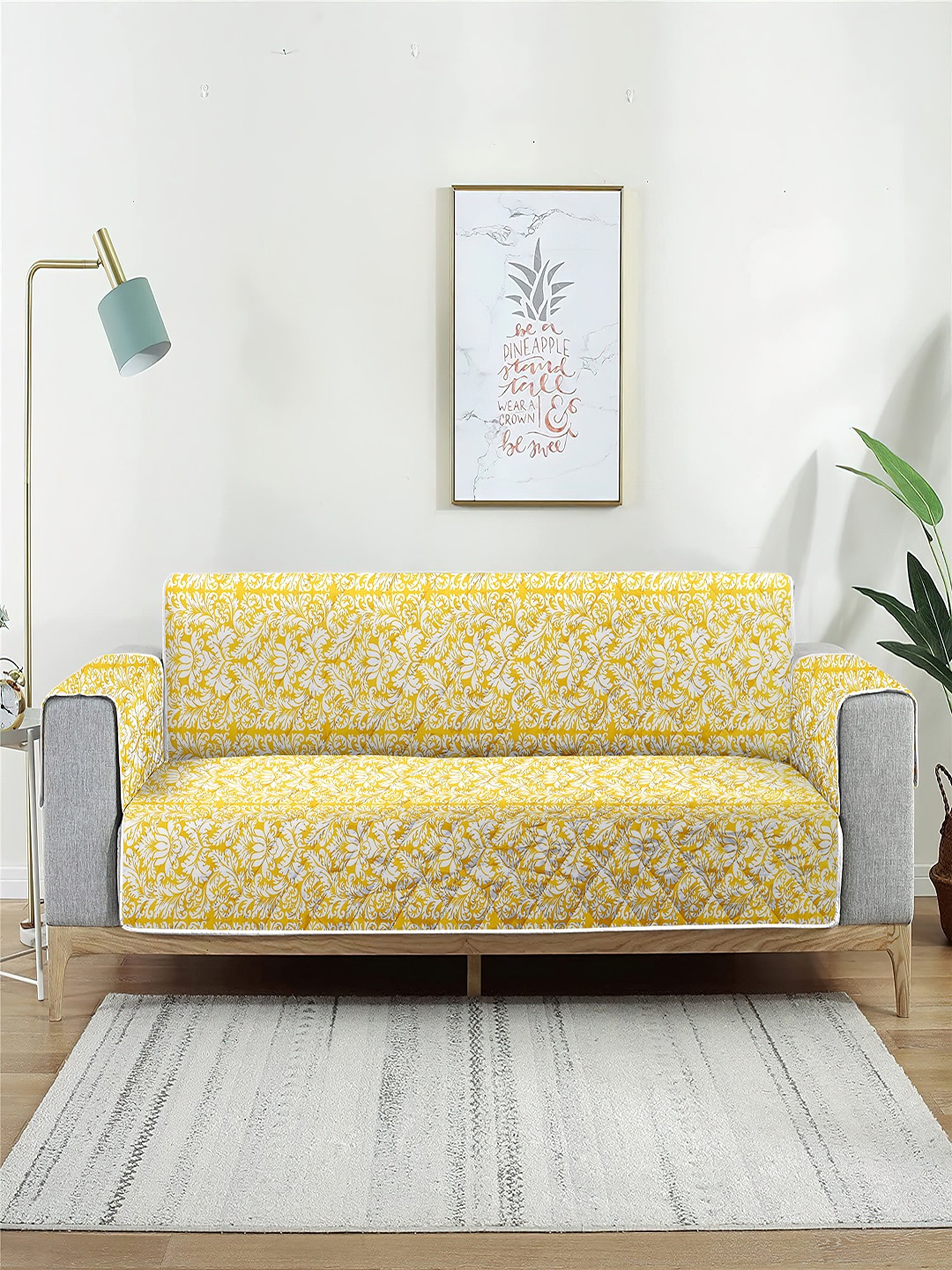 

Cortina Yellow & Grey Printed Reversible 2-Seater Sofa Cover With Arms