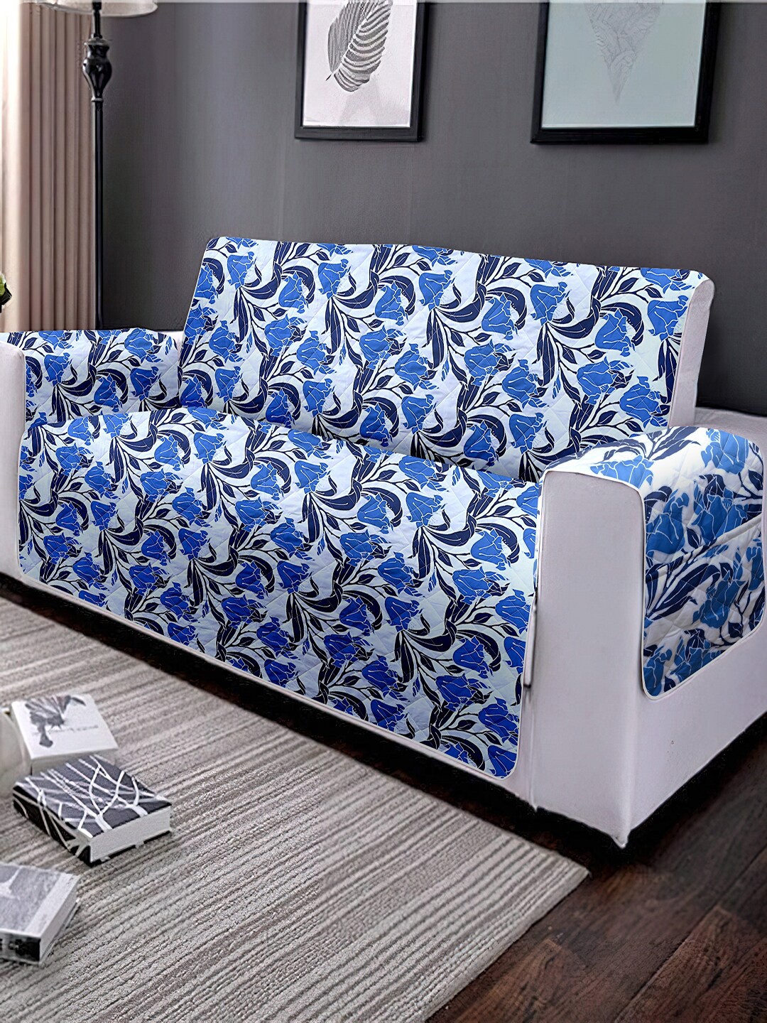 

Cortina White & Blue Floral Printed 3 Seater Reversible Sofa Cover With Arms