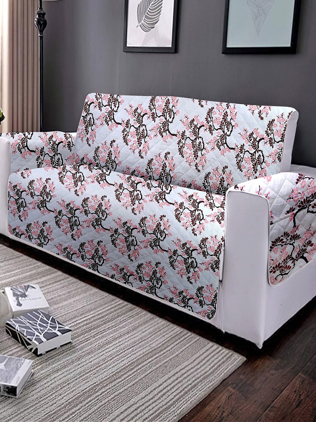 

Cortina White & Pink Floral Printed 3 Seater Reversible Sofa Cover With Arms