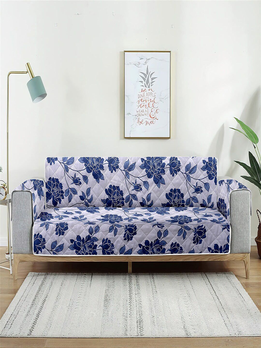 

Cortina White & Teal Green Floral Printed Reversible 3 Seater Sofa Cover With Arms