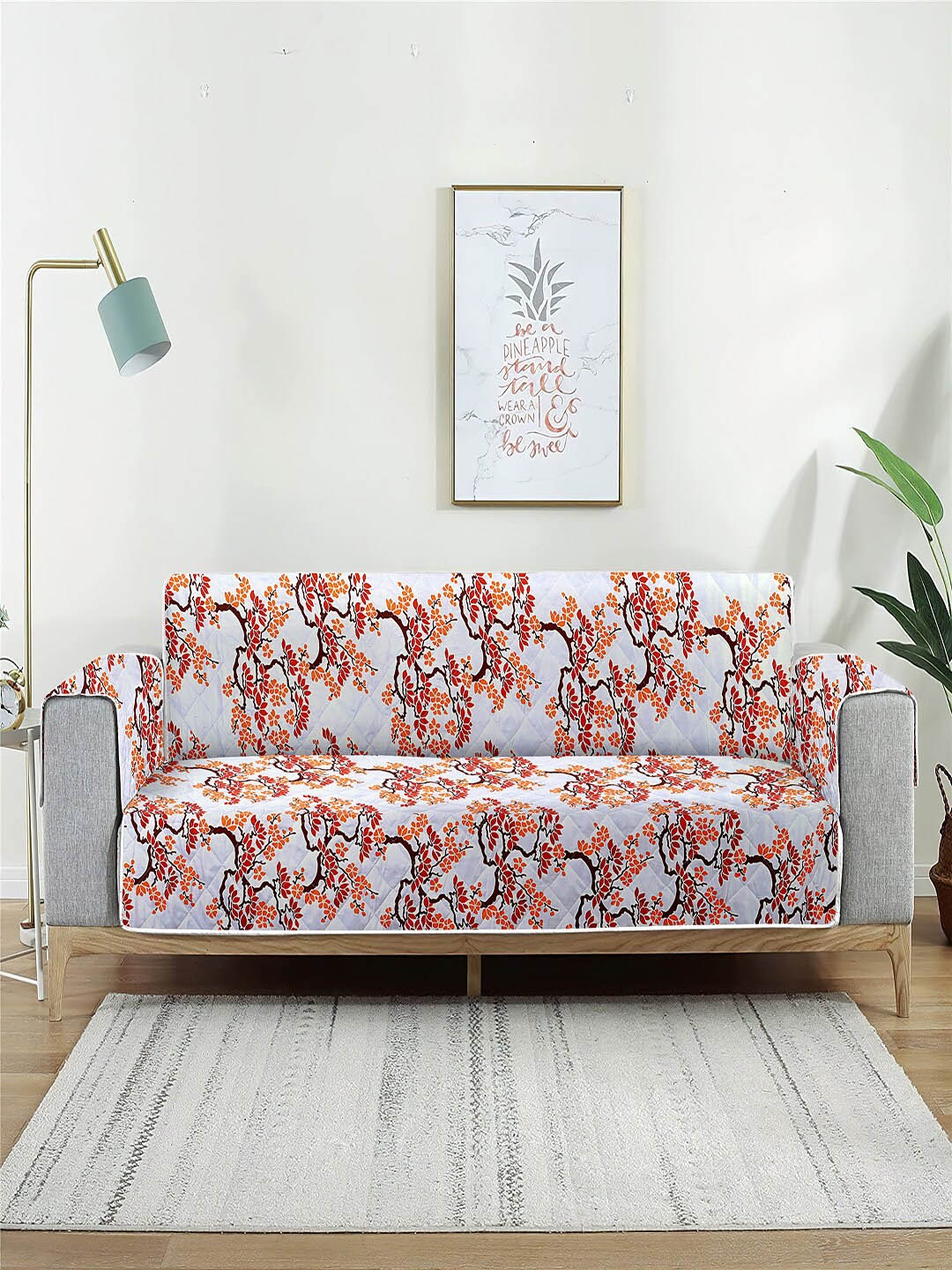 

Cortina White & Pink Floral Printed 2 Seater Reversible Sofa Cover With Arms