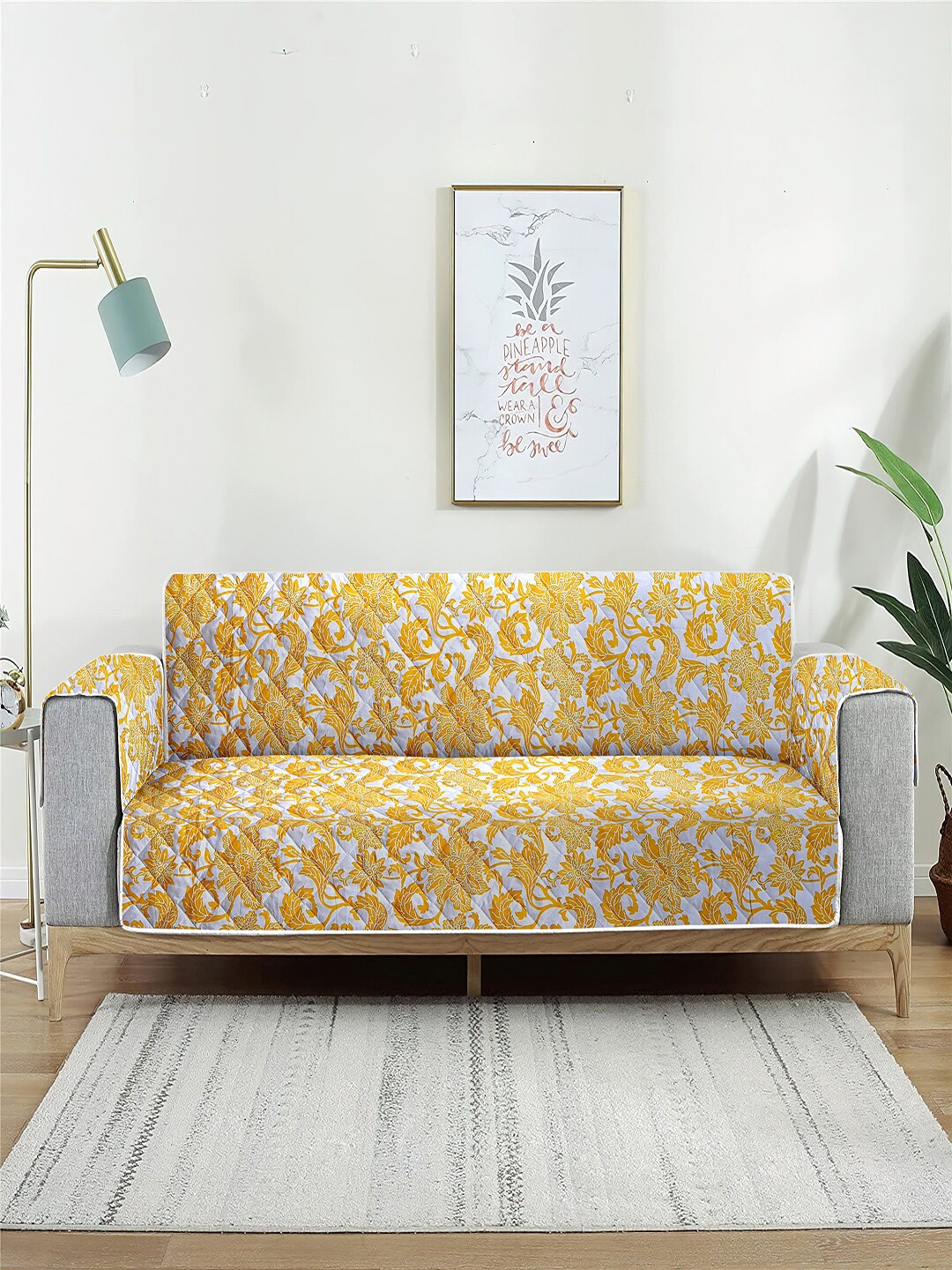 

Cortina Yellow & White Printed Reversible 2-Seater Sofa Cover With Arms