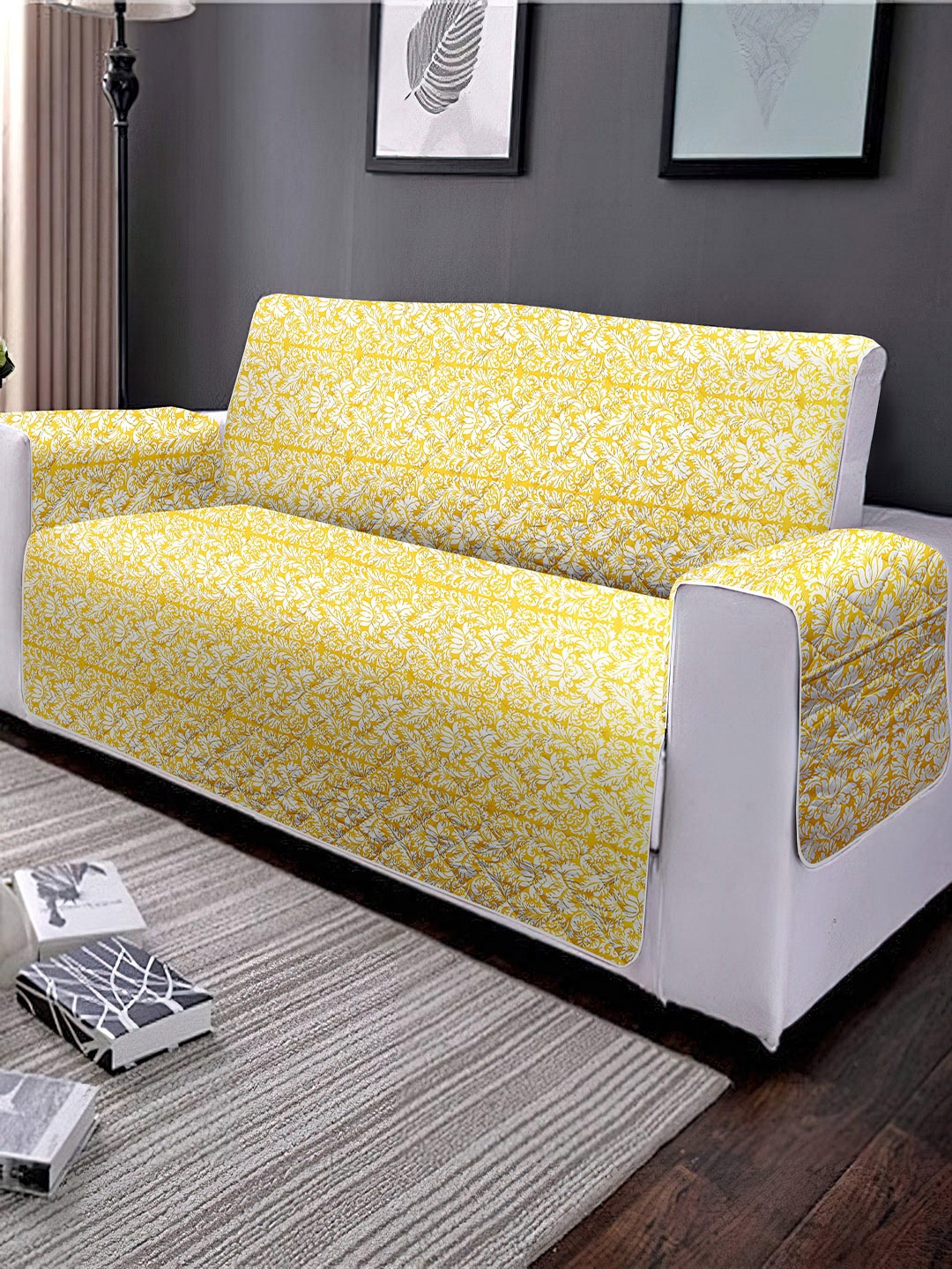 

Cortina White & Yellow Floral Printed 3 Seater Reversible Sofa Cover With Arms