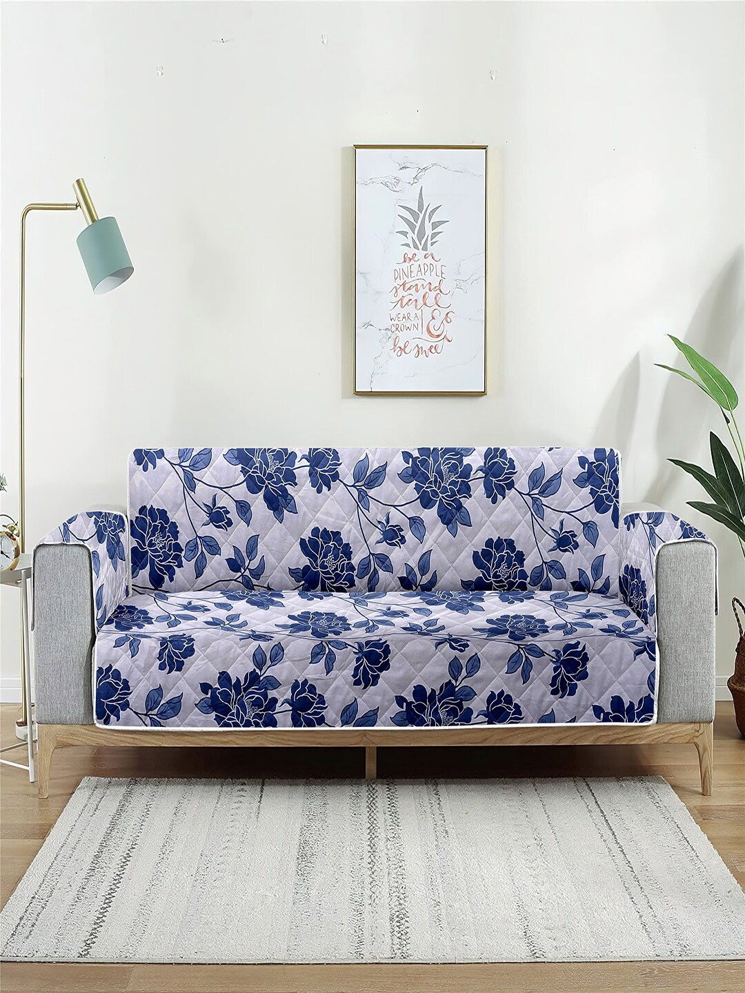 

Cortina White & Teal-Green Floral Printed 2 Seater Reversible Sofa Cover With Arms