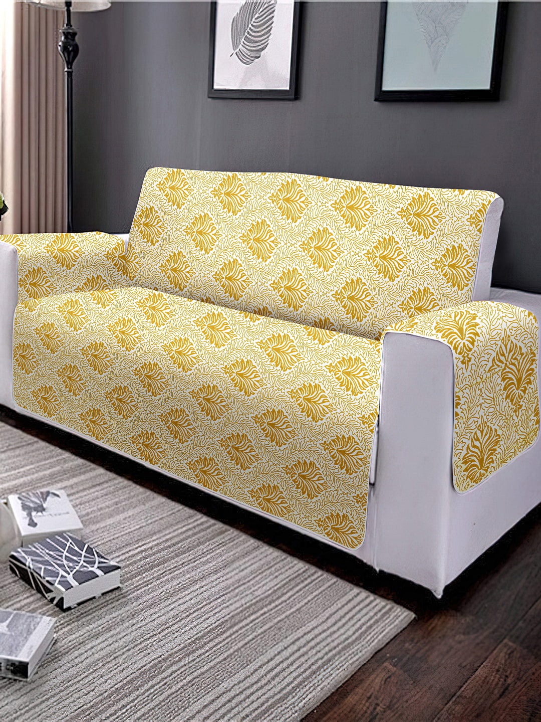 

Cortina Navy-Blue & Yellow Printed 3-Seater Reversible Sofa Cover With Arms