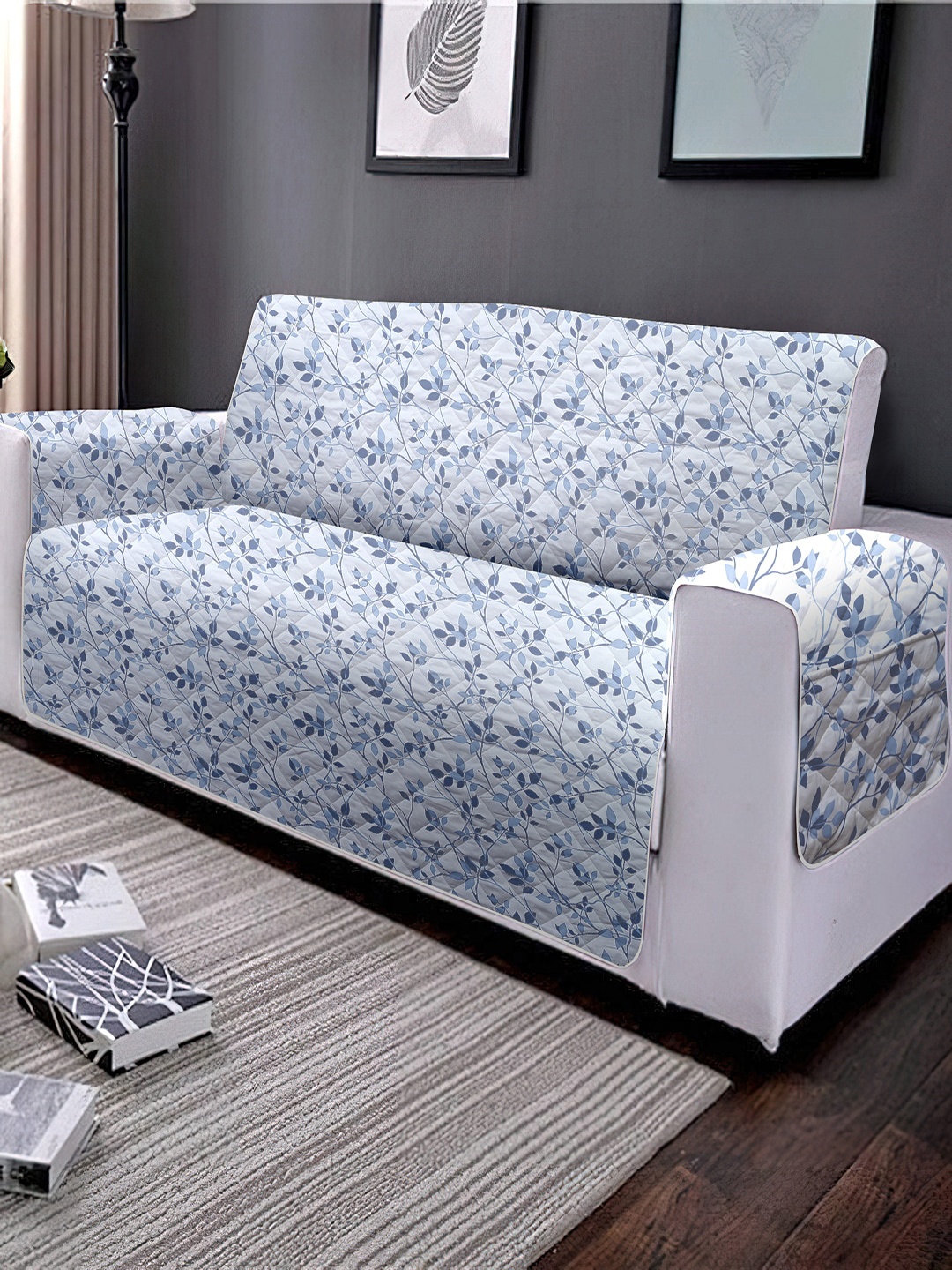 

Cortina Blue & White Printed Three Seater Reversible Sofa Cover With Arms