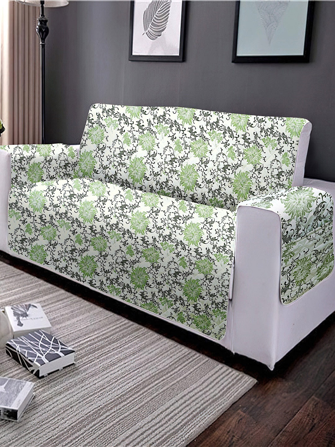 

Cortina Green & White Printed Three Seater Reversible Sofa Cover With Arms