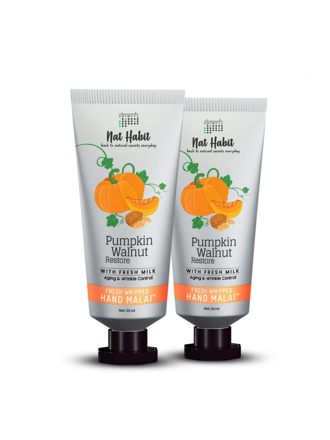 

Nat Habit Set Of 2 Pumpkin Walnut Fresh Whipped Hand Malai For Aging Wrinkle Control - 25 ml Each, Orange