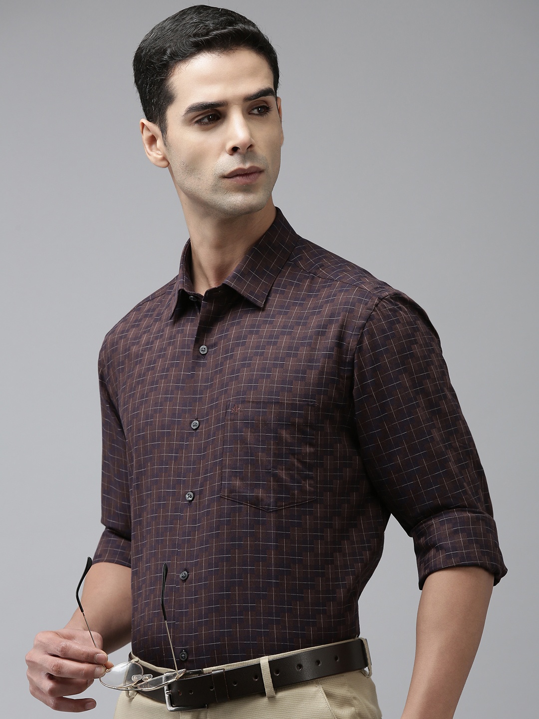 

Arrow Manhattan Slim Fit Checked Pure Cotton Formal Shirt, Brown