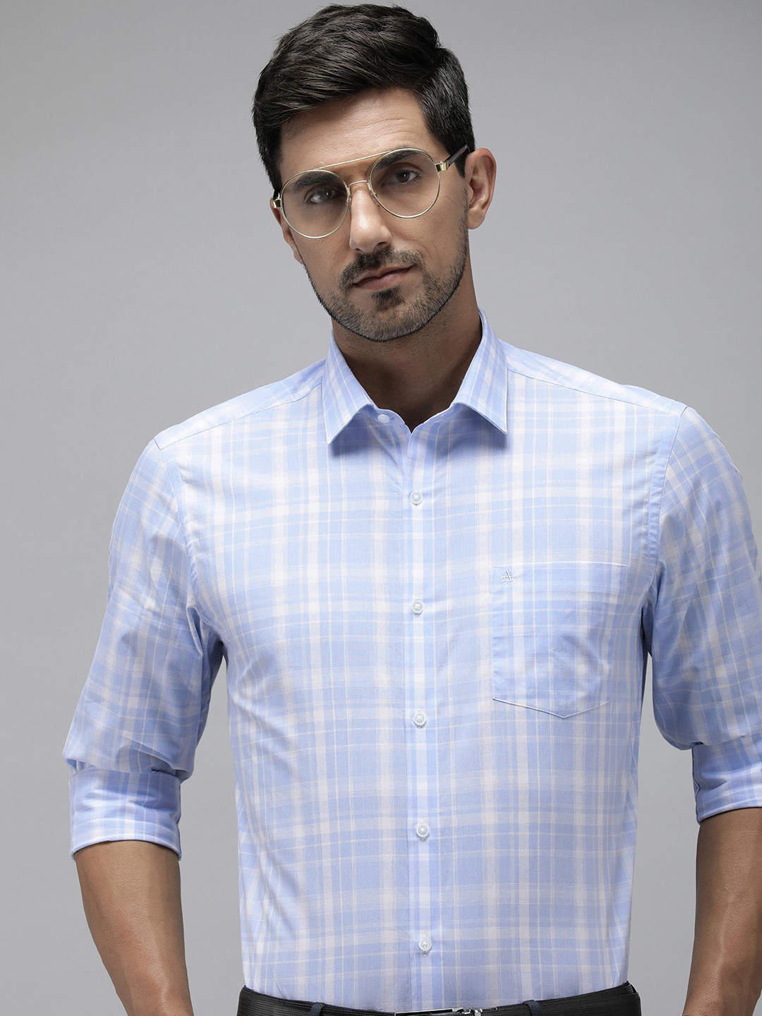 

Arrow Manhattan Slim Fit Checked Pure Cotton Formal Shirt, Blue