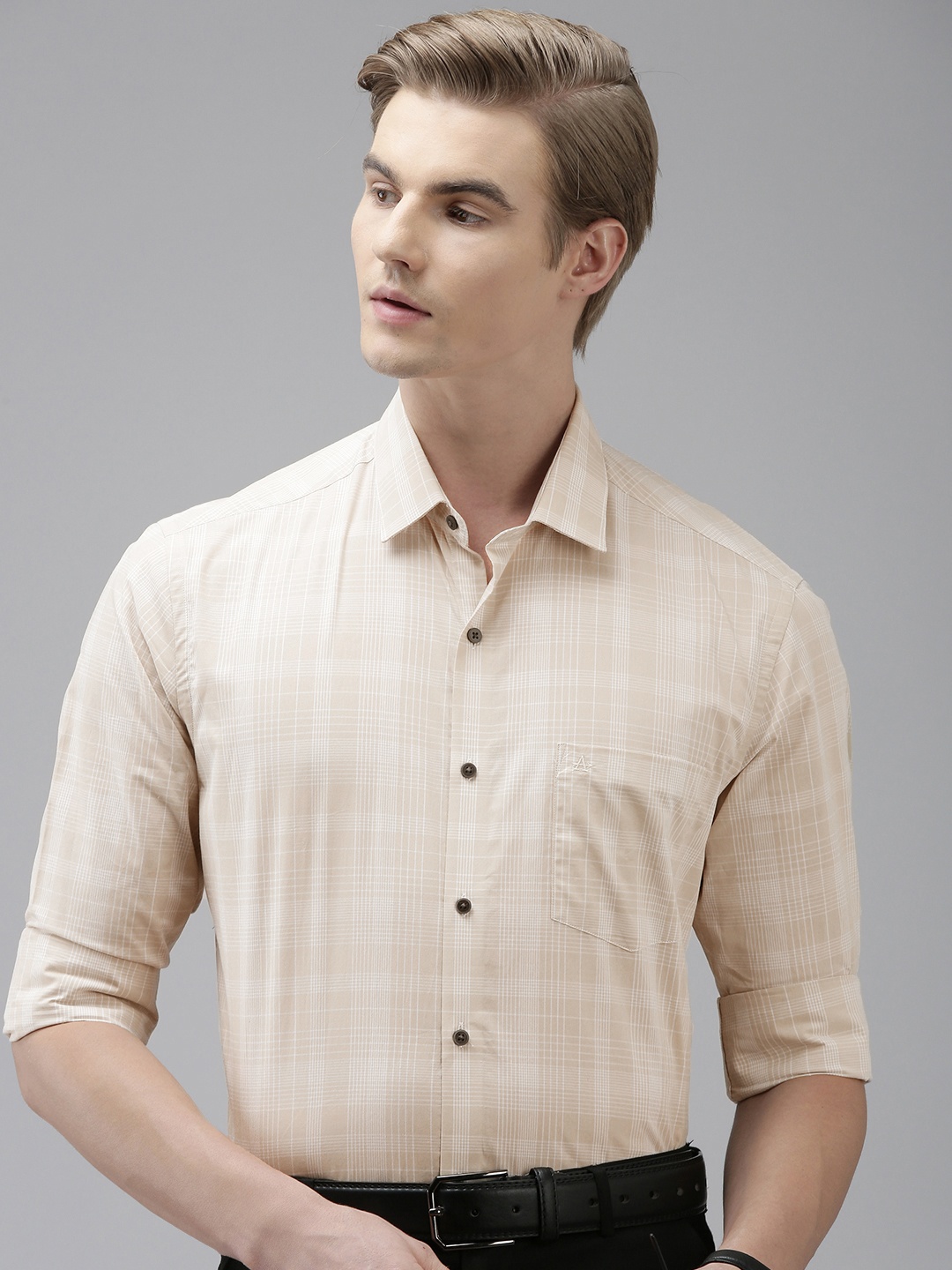 

Arrow Manhattan Slim Fit Checked Pure Cotton Formal Shirt, Beige