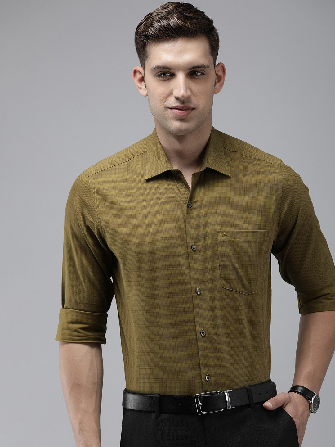 

Arrow Manhattan Self-Design Micro Checks Slim Fit Pure Cotton Formal Shirt, Olive