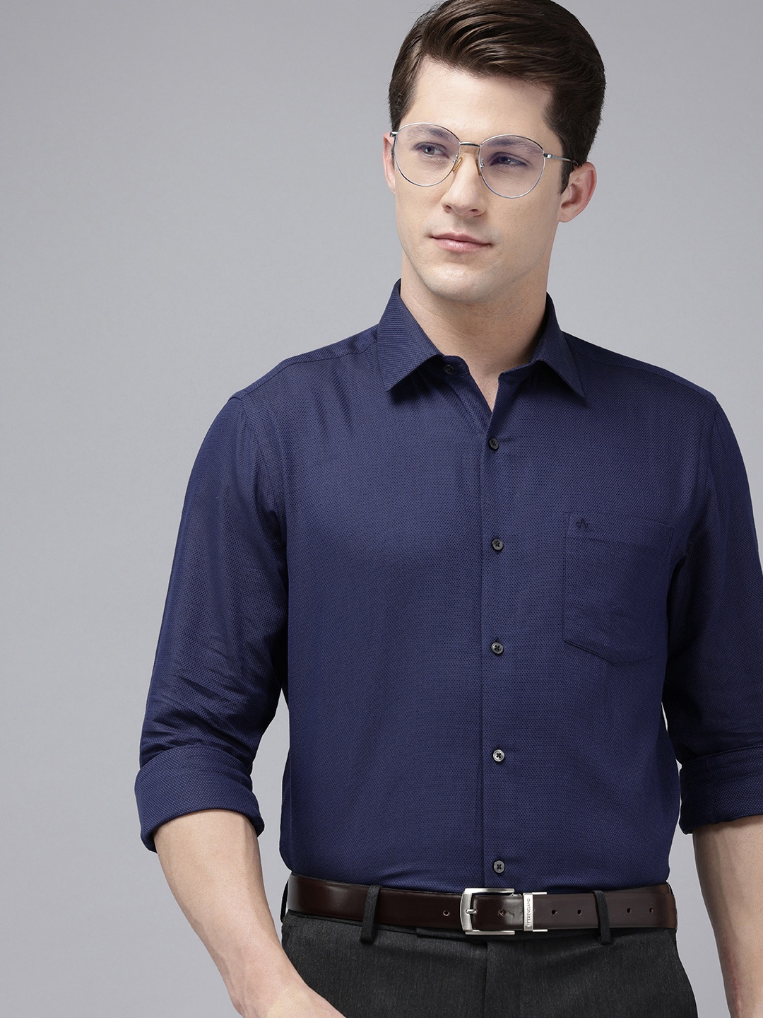 

Arrow Pure Cotton Self Design Manhattan Slim Fit Opaque Formal Shirt, Navy blue