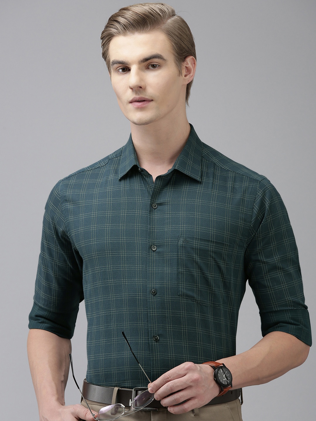 

Arrow Manhattan Slim Fit Checked Pure Cotton Formal Shirt, Teal