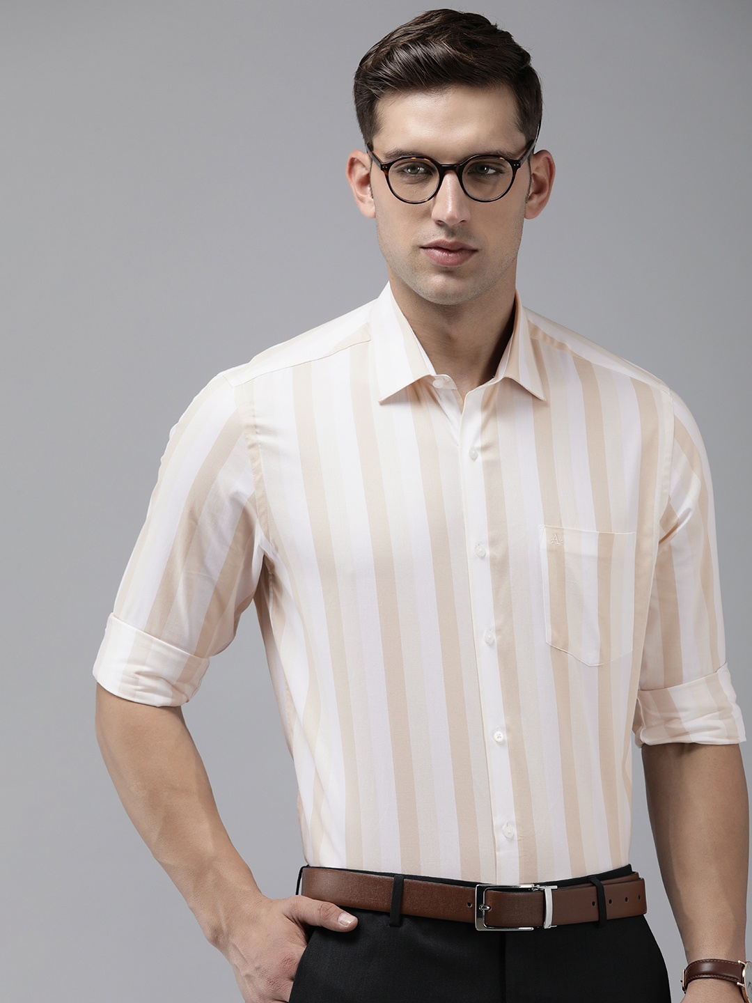 

Arrow Manhattan Slim Fit Pure Cotton Striped Formal Shirt, Beige