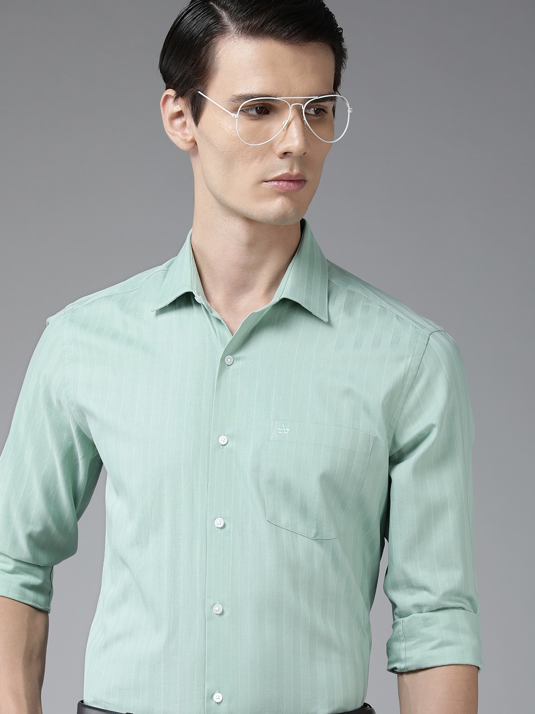 

Arrow Men Original Slim Fit Self-Striped Ceremonial Yarn Dyed Pure Cotton Semiformal Shirt, Green