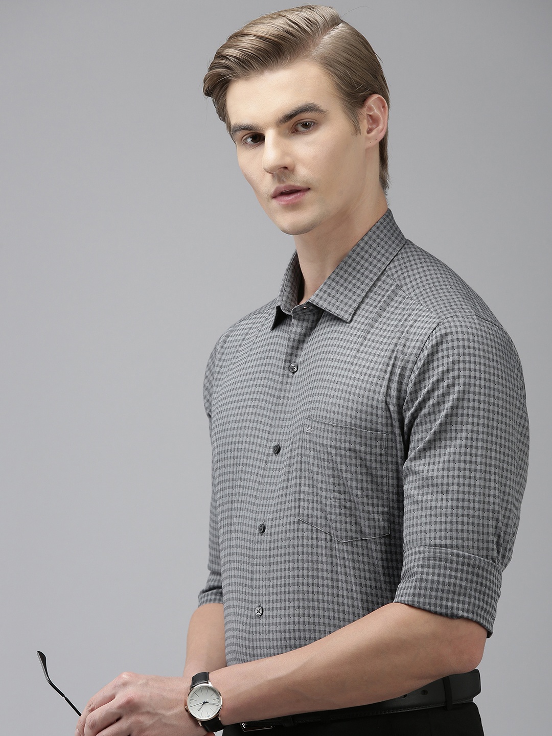 

Arrow Manhattan Slim Fit Self-Design Checked Pure Cotton Formal Shirt, Grey