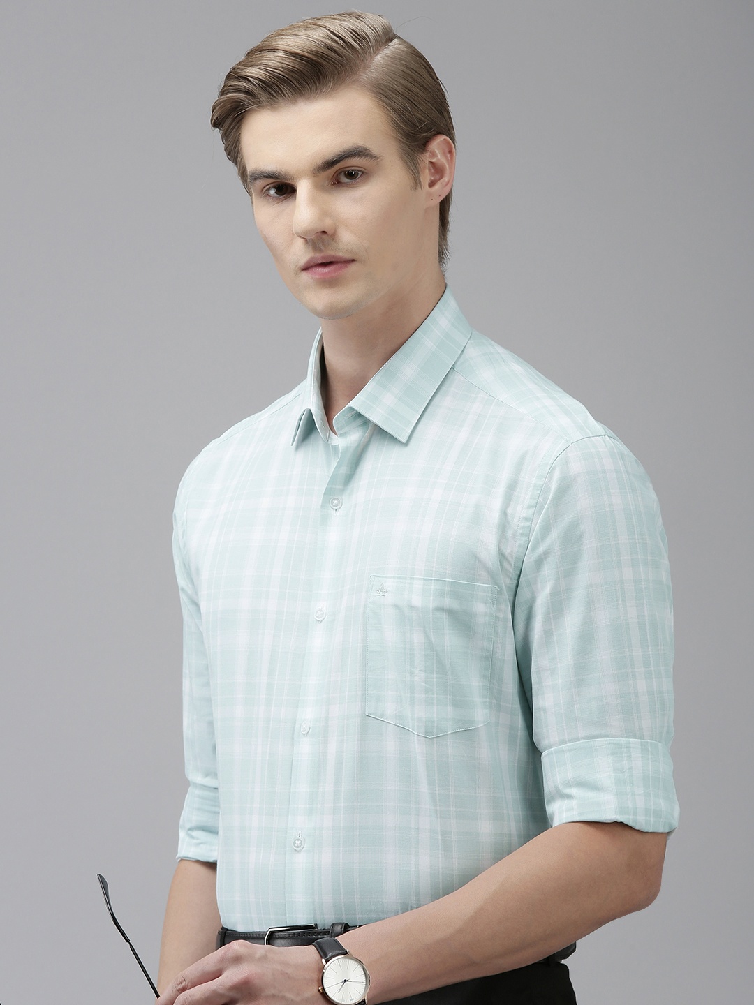 

Arrow Manhattan Slim Fit Checked Pure Cotton Formal Shirt, Green