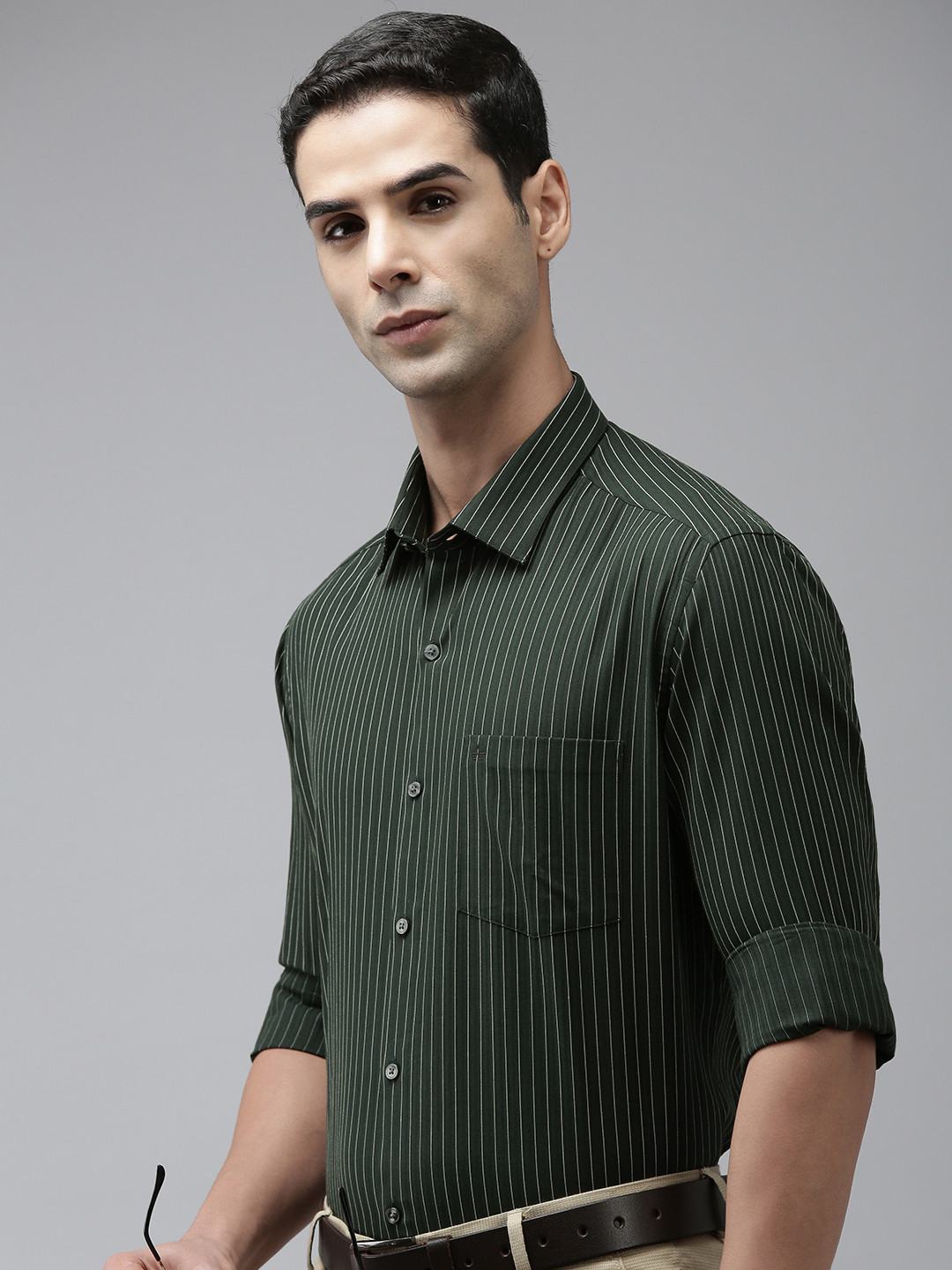 

Arrow Manhattan Slim Fit Striped Pure Cotton Formal Shirt, Green